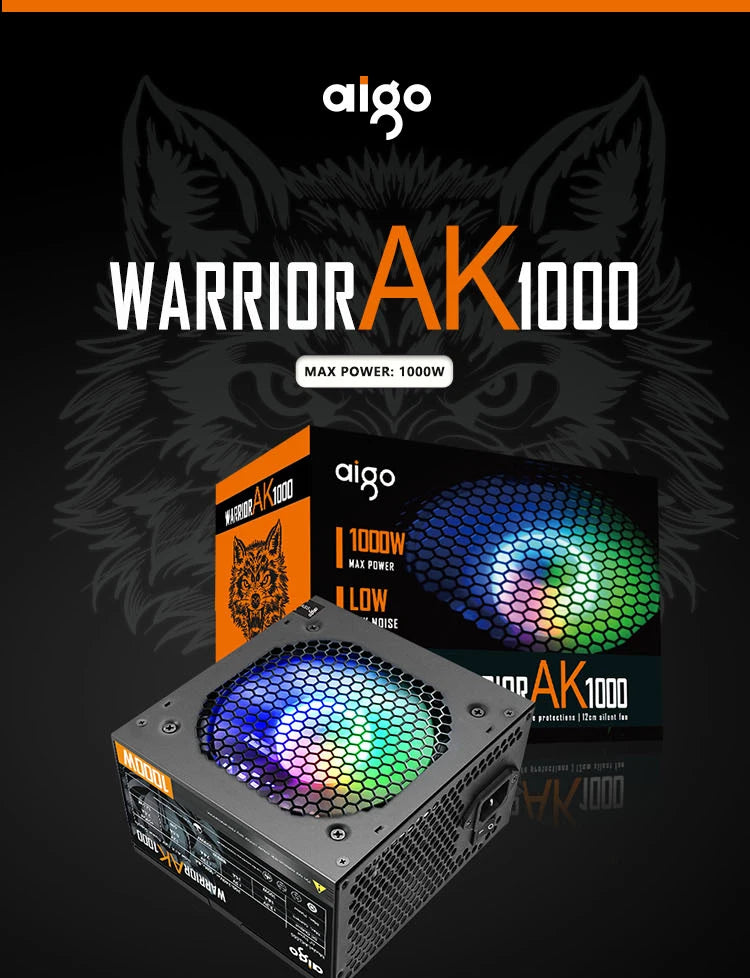 Aigo AK PC PSU Power Supply Unit 500W 600W 700W 800W 1000W Gaming 120mm RGB Fan 220V ATX Desktop computer Power Supply for BTC
