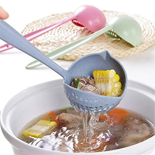 2 In 1 Creative Wheat Straw Soup Spoon Long Handle Lovely Porridge Spoons With Filter Dinnerware Kitchen Colander Tools