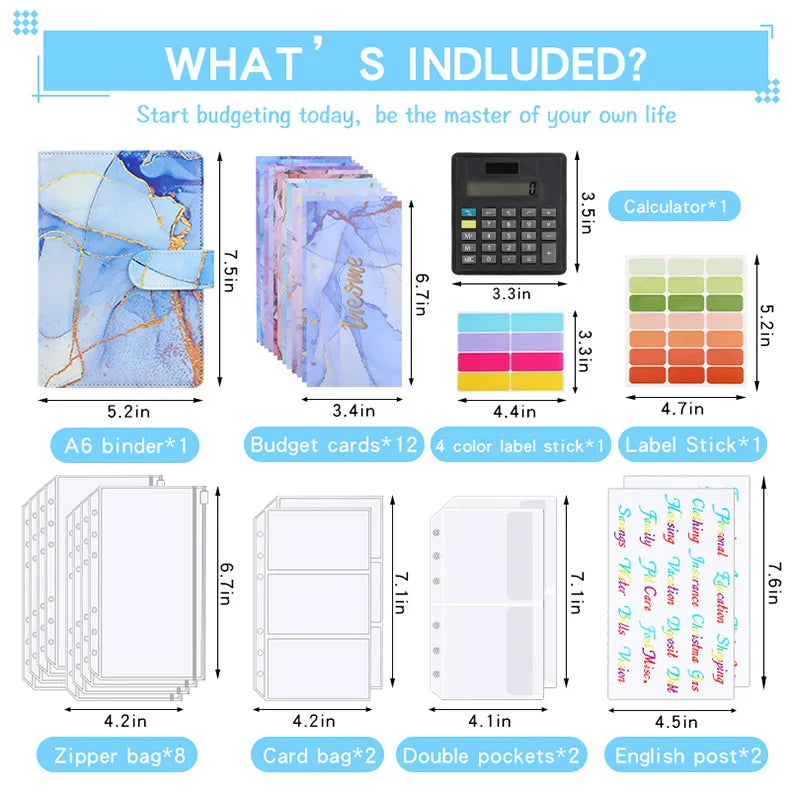 A6 Marble with Calculator Money Budget Planner Binder Zipper EnvelopesCash Envelopes For Budgeting Money Organizer Binde