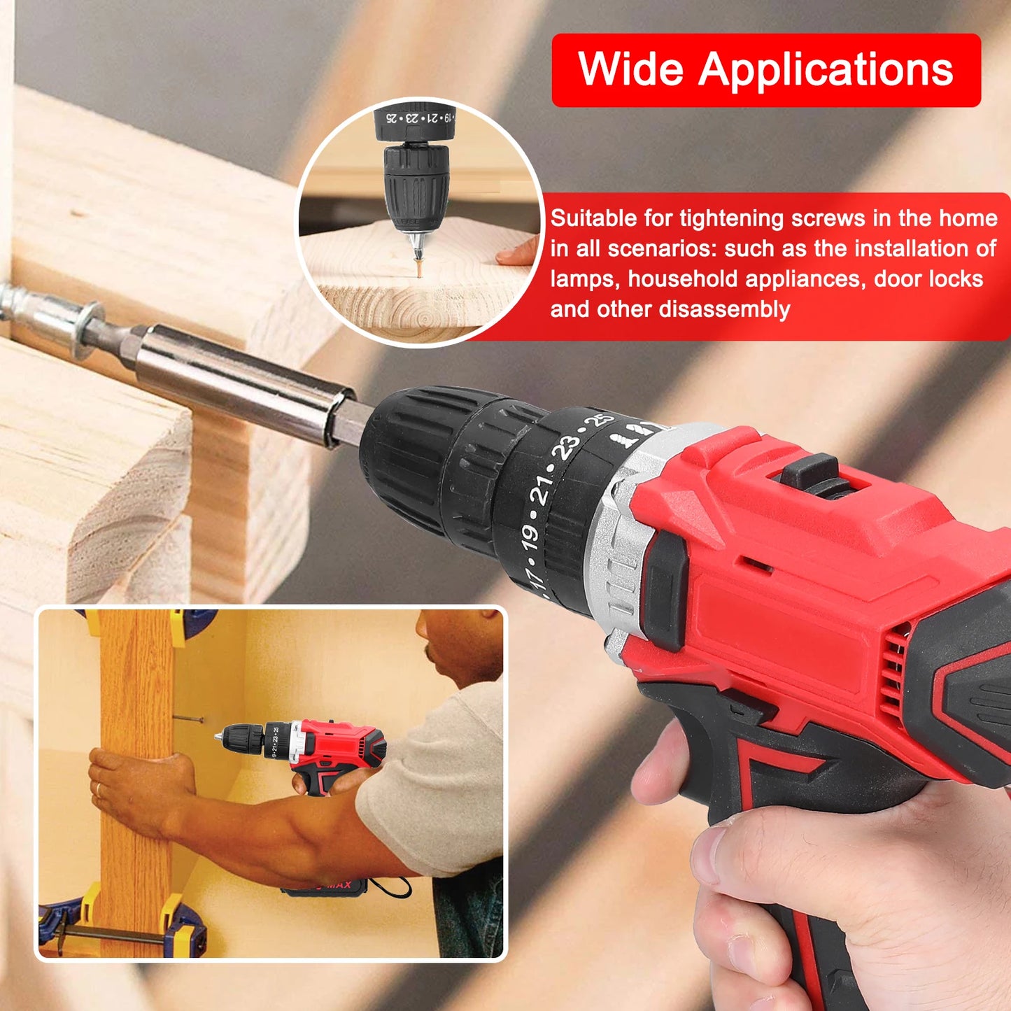 21V Electric Drill Brush Motor 2 Speed Control Stepless Speed Regulation Rotation Ways 25 Gears Torques Adjustable Lithium Drill