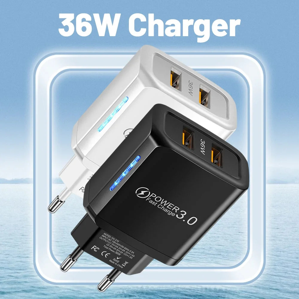 36W USB Mobile Phone Charger Quick Charge 3.0 Fast Charging Adapter For iPhone 16 15 pro Max Xiaomi 14 Samsung Huawei Chargers