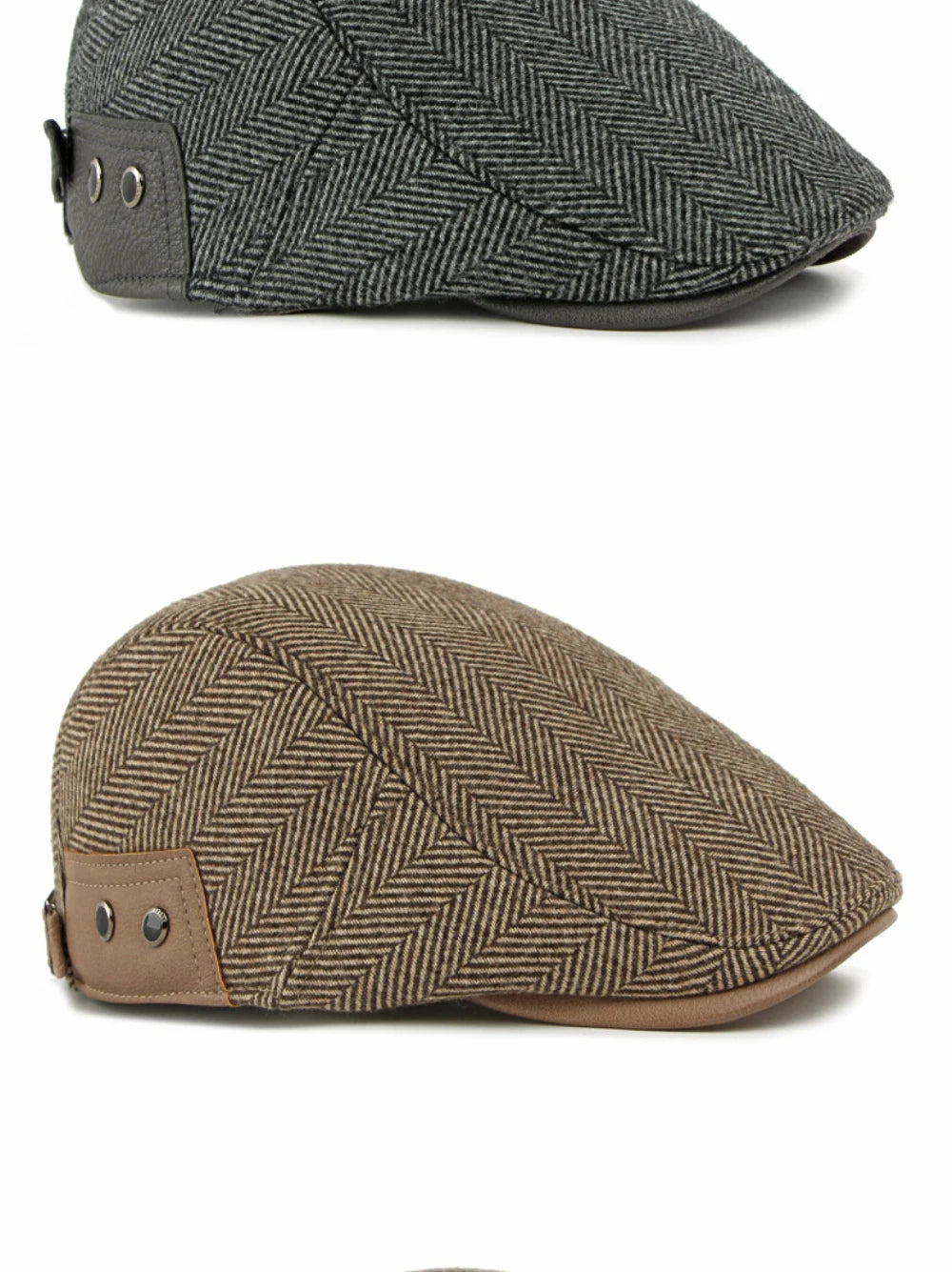 HT5025 Beret Cap Striped Beret Hats with Ear Flaps Male Female Adjustable Ivy Flat Cap Fleece Lined Winter Hat Women Mens Berets