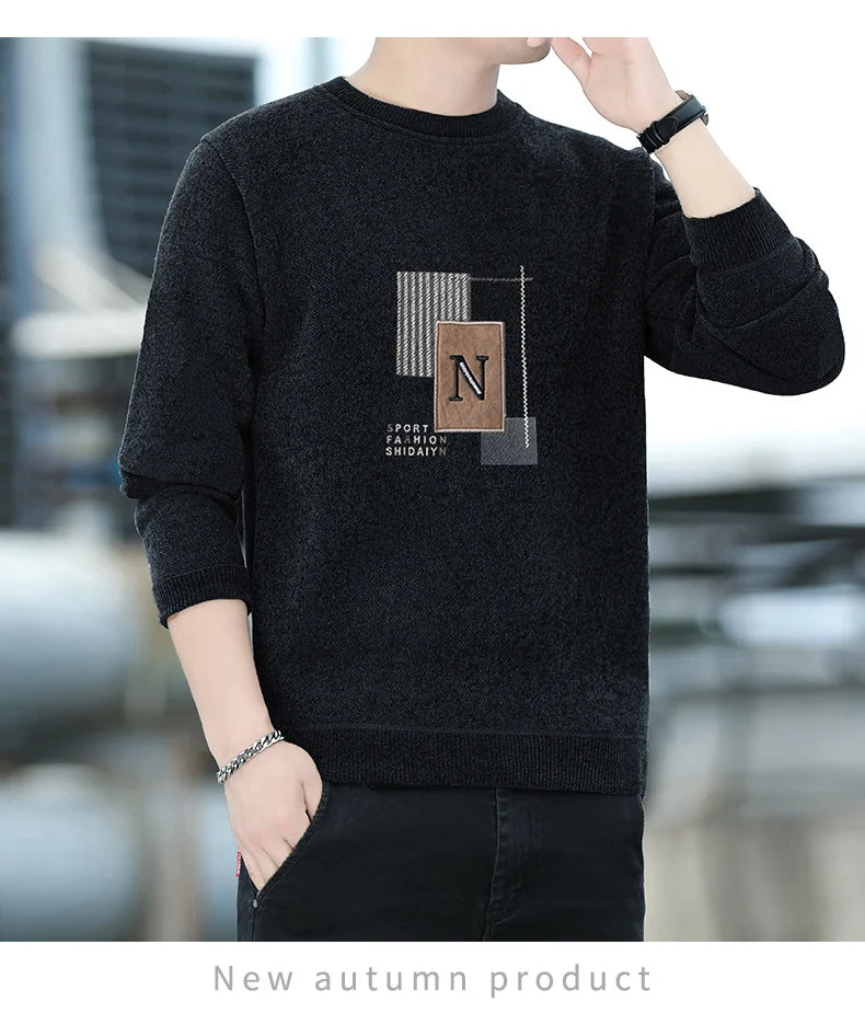 Sweater Men Knitted Round Neck Pullovers Fleece Thick Warm Winter Knitwear Y2K Fashion Jumpers Men's Clothes