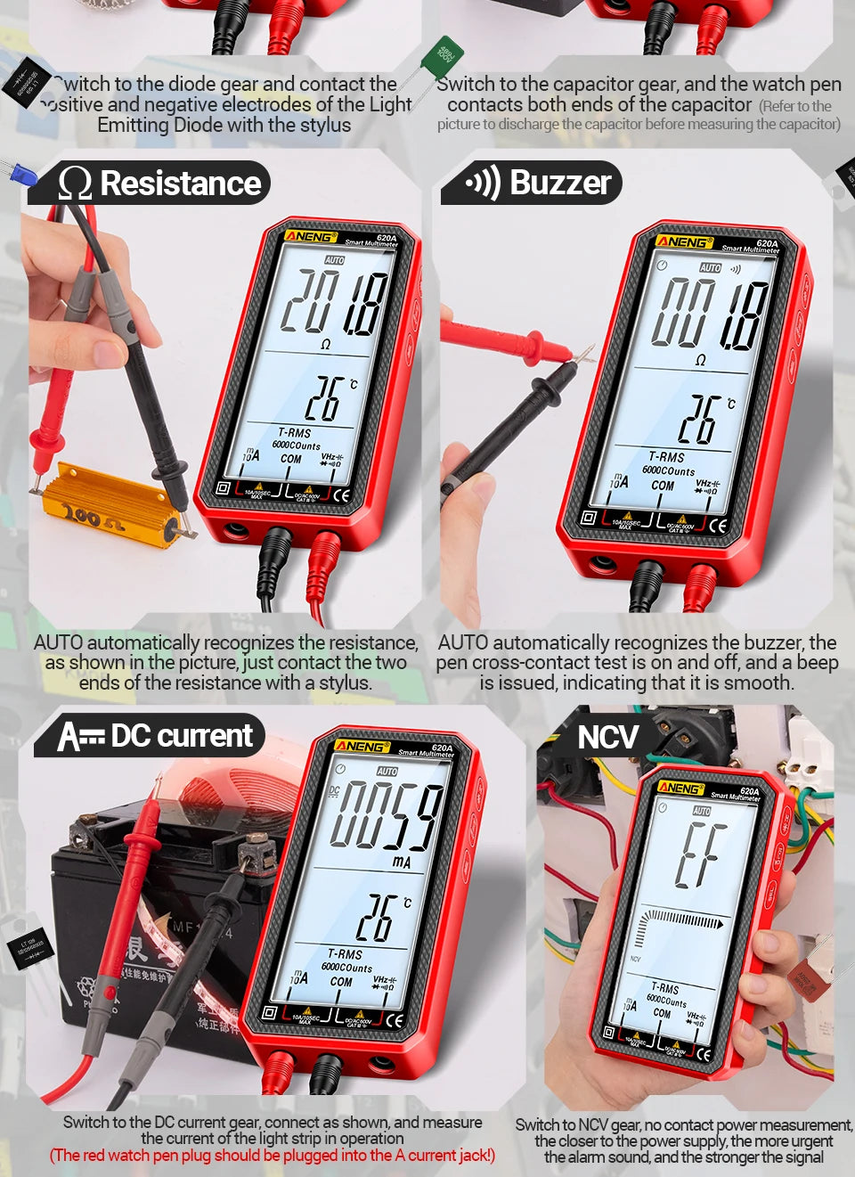 ANENG 620A High Precision Counts Auto Resistance Tester Digital Multimeter True RMS 6000 Manual Ranging Voltage Current