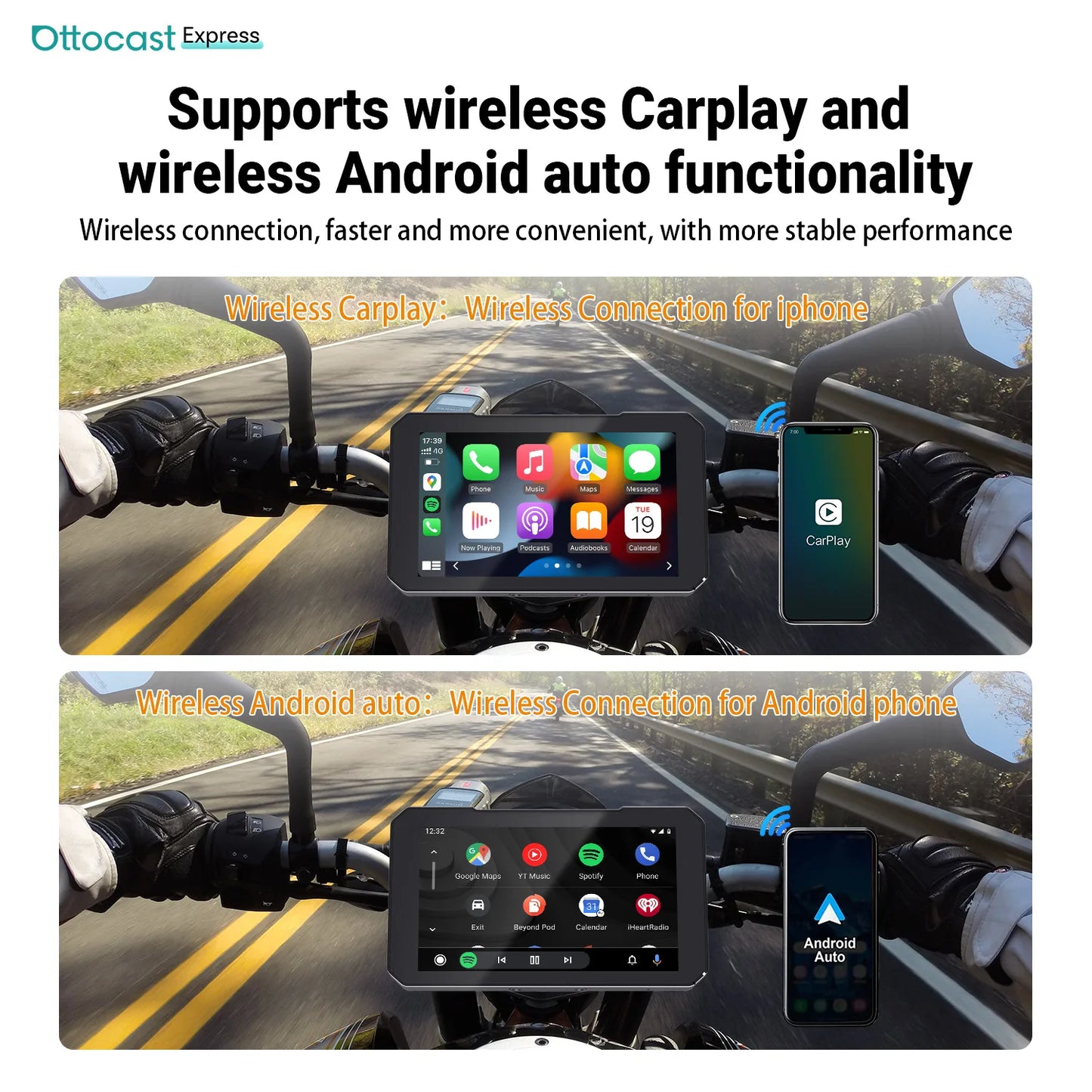 Ottocast 6.0 inch IP67 Waterproof Motorcycle GPS Navigation Wireless Carplay Android Auto DVR Drive Recorder Moto Monitor Wifi