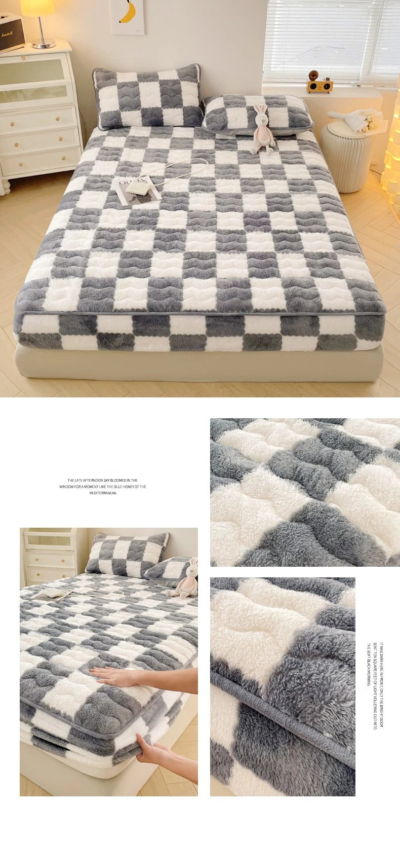 Arctic Velvet Mattress Cover Pad Checkerboard Series Soybean Antibacterial Cotton Fitted Sheet Double Bed Dust Mite Queen Size
