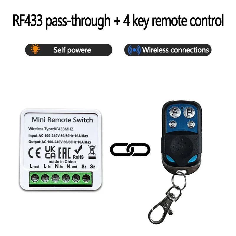 433MHz Wireless Lights Switch Remote Control 4 Key RF Relay Receiver ON/OFF Button 16A AC 100-240V For Led Bulb DIY Garage Doors