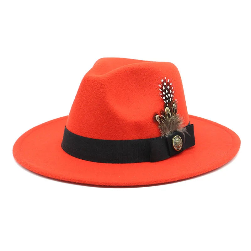 White Woolen Gentleman Classic British Jazz Feather Top Hat Wide Brim Party Church Wedding Fedora Hats Men Women Panama Felt Cap