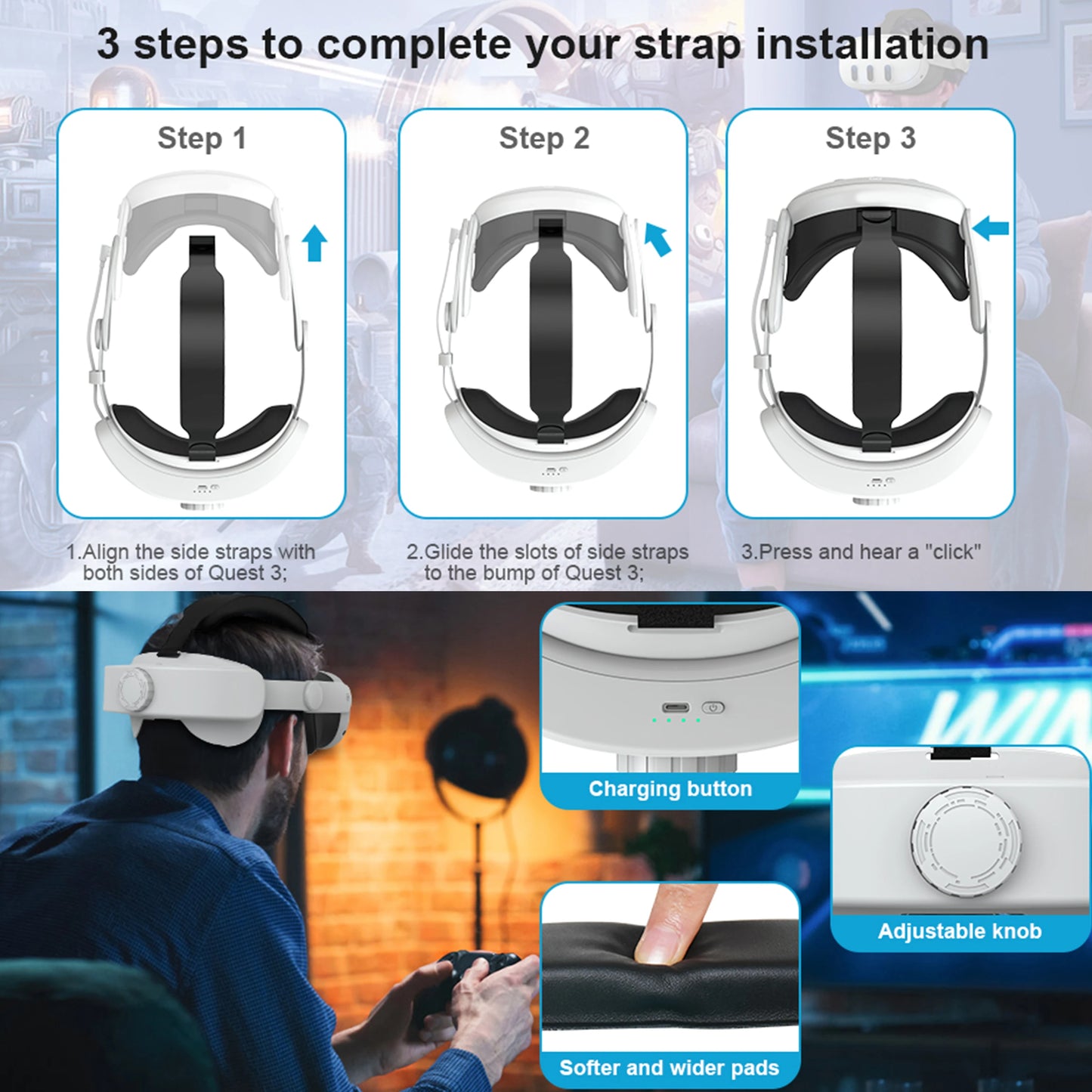 Head Strap with Battery forOculus Quest 3/Quest 3S,Adjustable Elite Strap Replacement Accessories for Meta Quest 3/Quest 3S