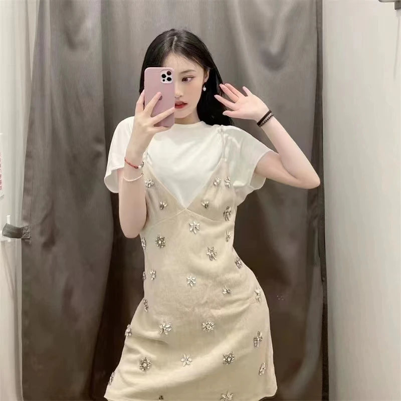 Women 2024 Chic Fashion Sleeveless Mini Dress Vintage Thin Straps Summer Female Ruffled Hollow Dresses Vestidos Mujer