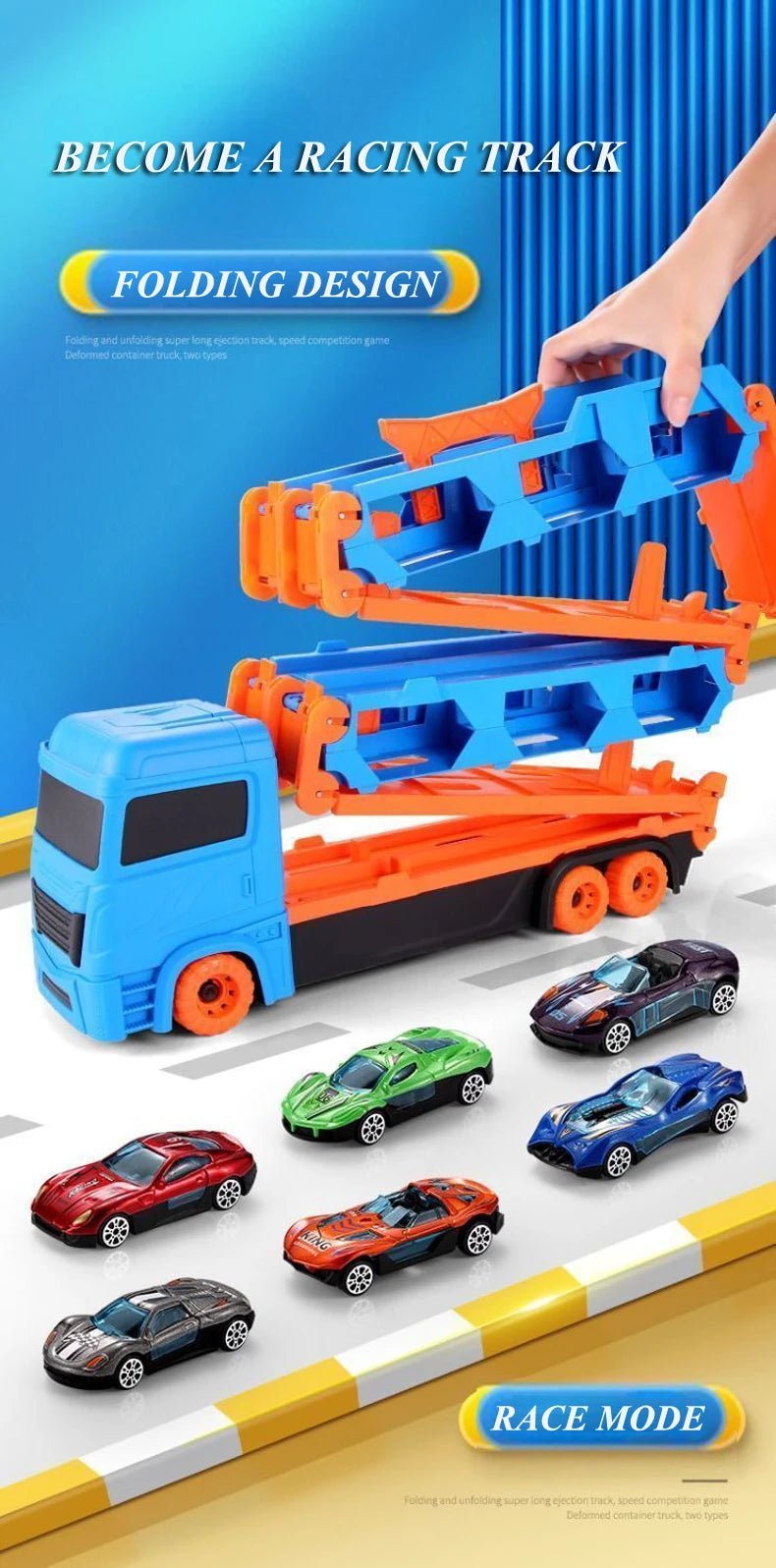 Transport Truck Toy 65-Inch Foldable Toddler Car Carrier for Boy Girl 9 in 1 Race Track and Die-Cast Truck Race Car Gift Vehicle