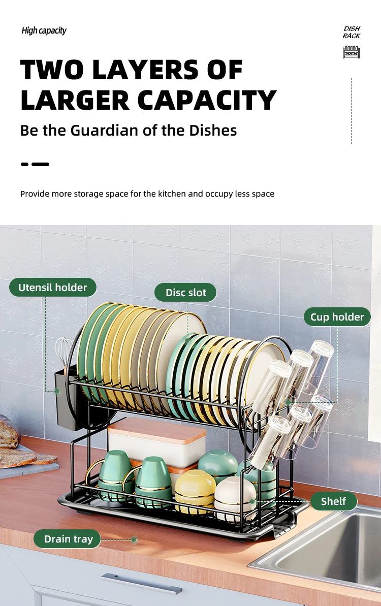 2 tier dish drying rack drain board set tableware drainer Kitchen countertop storage rack cup holder Knife and fork holder
