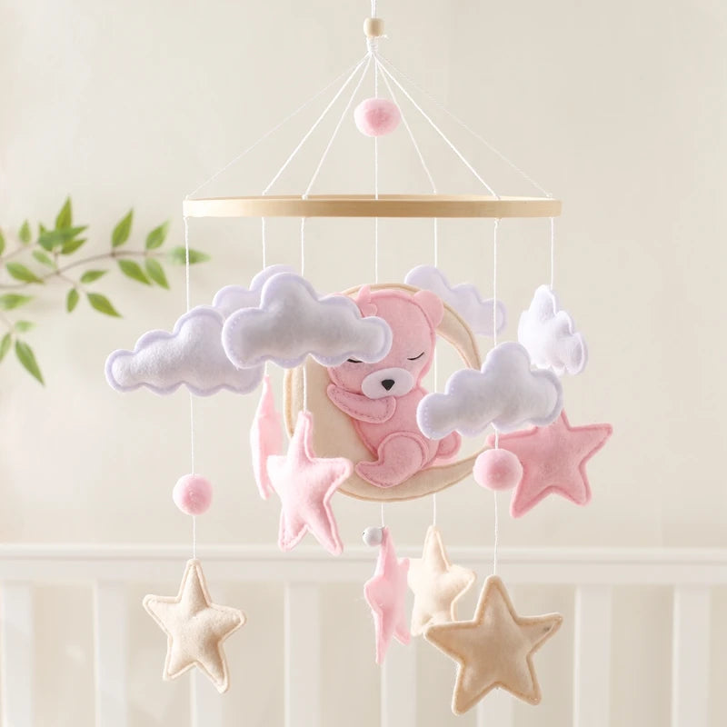 Crib Mobile Rattle Baby Wooden Bed Bell Baby Rattles Soft Felt Cartoon Bear Toys Crib Mobile Bed Bell Wood Toy Bracket Kid Gifts