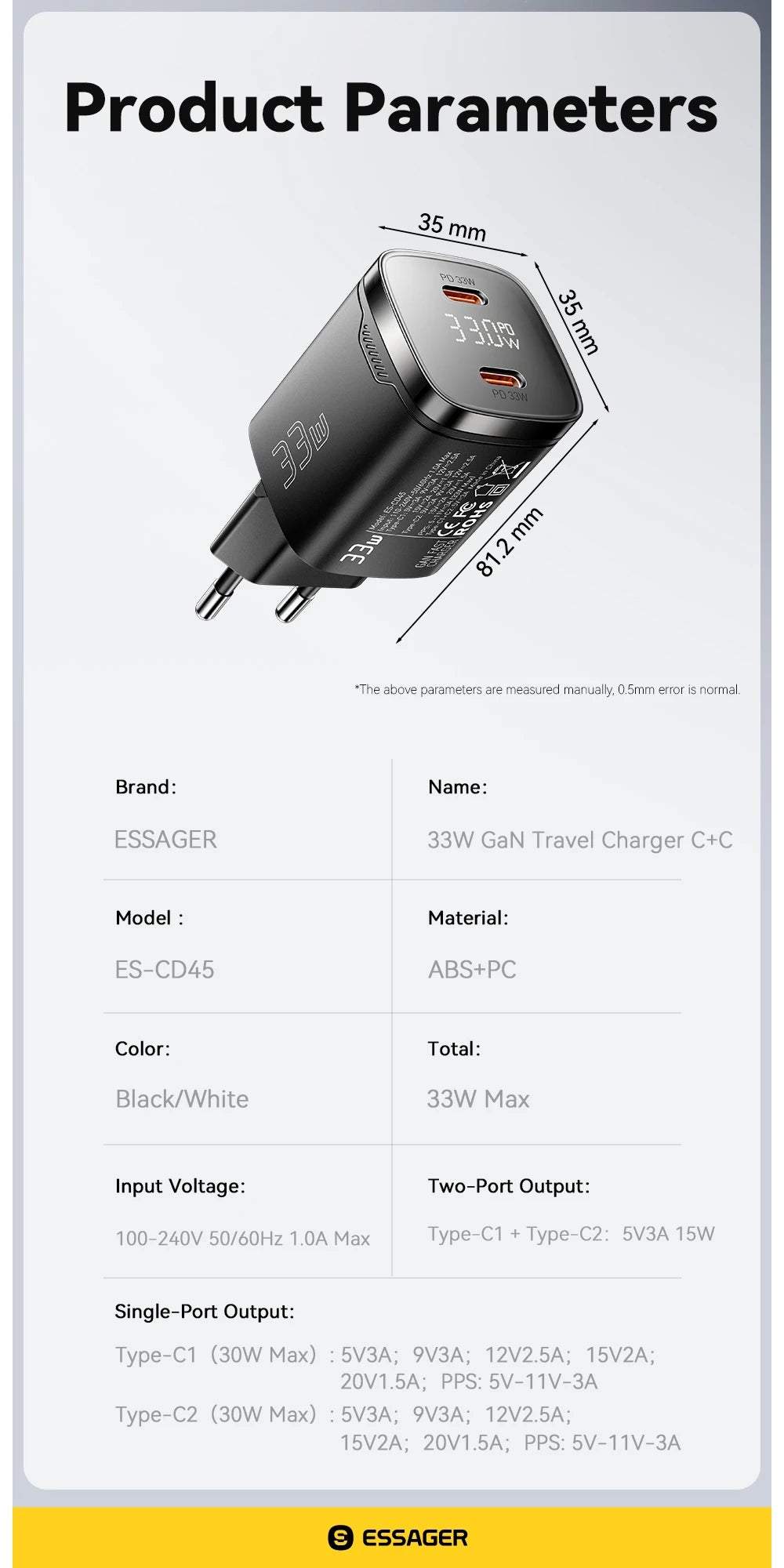 Essager 33W GaN USB C Charger Digital Display PD Fast Charging For iPhone 13 12 Max Pro iPad For Xiaomi Poco Samsung Charger Es