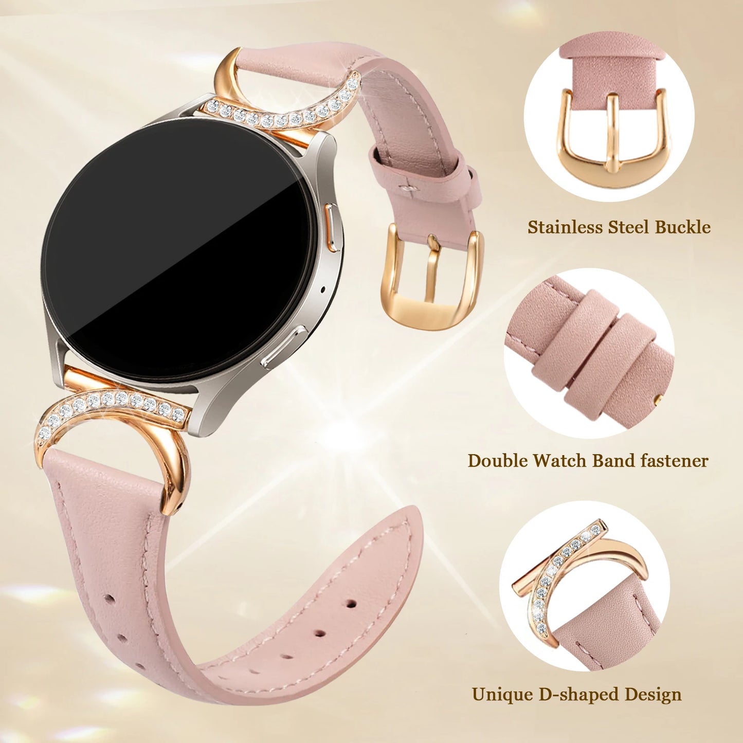 Leather strap compatible with Samsung Galaxy Watch 7/6/5/4 Classic strap 40/42/44/43/45/46/47mm Stylish 20mm strap for women