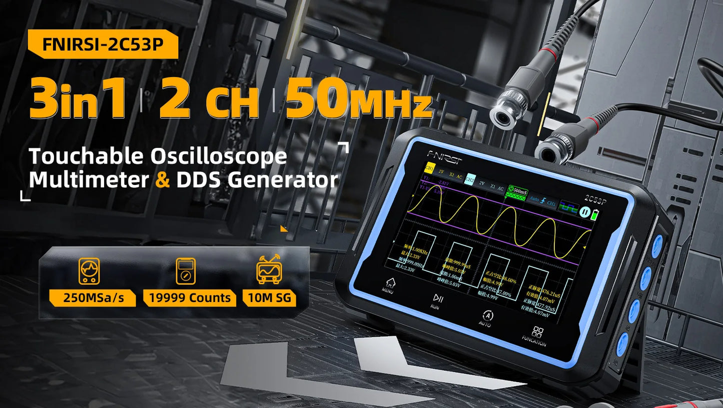 2C53P Touch Screen Portable Digital OSC Multimeter Signal Source 3in1 2 Channel 50MHz 250Ms/S 19999 Counts