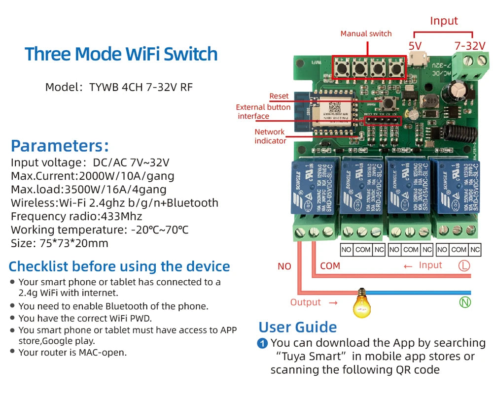 Tuya Smart 4 Channel WiFi RF Momentary Inching Relay Self-Lock Switch Module,DIY WiFi Garage Door Controller, Alexa Google Home