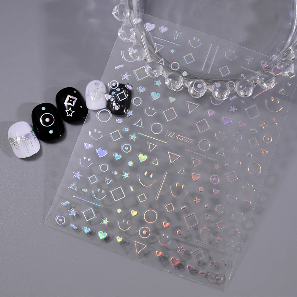 12Pcs Gold/Silver Tasse/Line/Star/Moon 3D Nail Art Stickers Leaf/Geometric Design Self-adhesive Sliders Luxury Manicure Decals