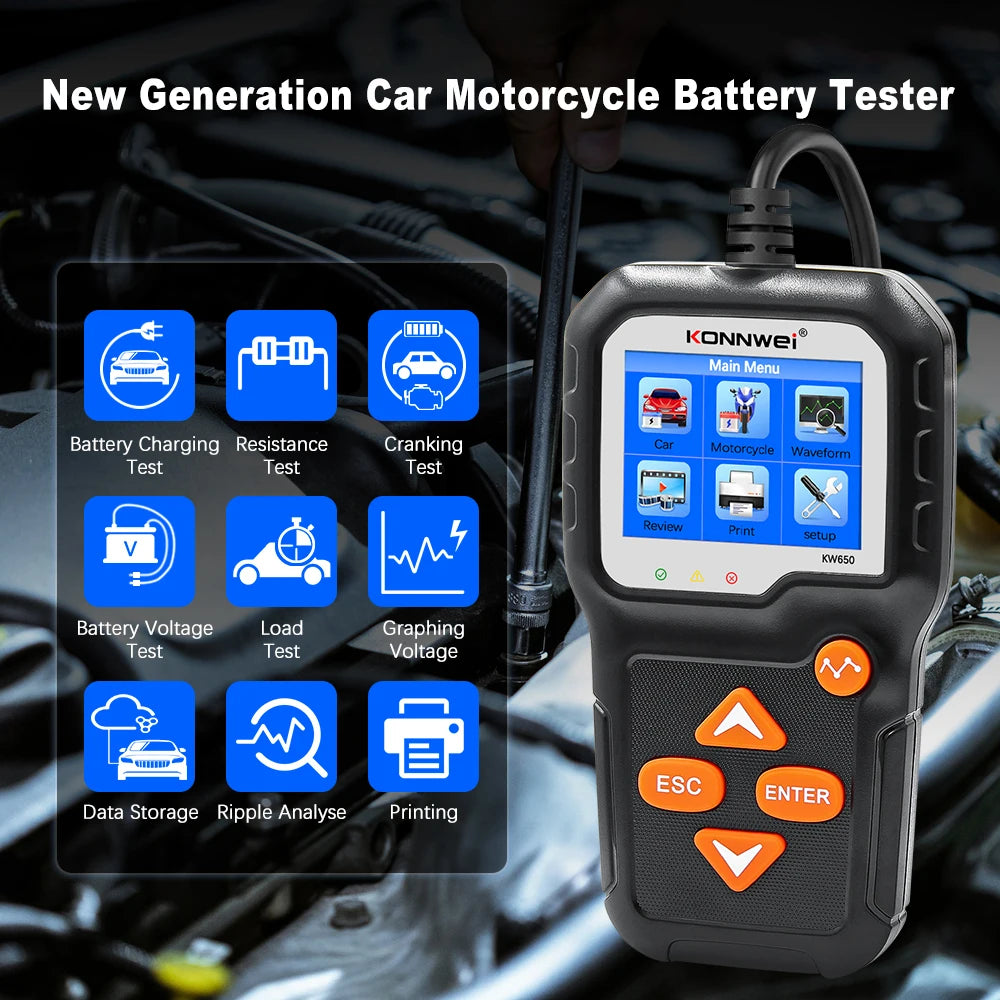 KONNWEI KW650 Car Motorcycle Battery Tester 6V 12V Auto Battery Analyzer 100 to 2000 CCA Car Moto Cranking Charging Test Tool