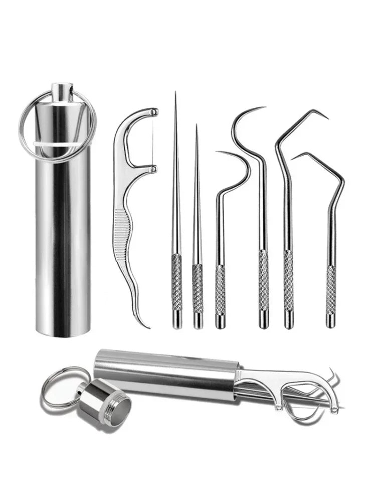 Portable Dental Tool Set Flossing Tooth Picking Tool Metal Stainless Steel Spiral Ear Pick Spoon Kit Oral Hygiene Tartar Removal