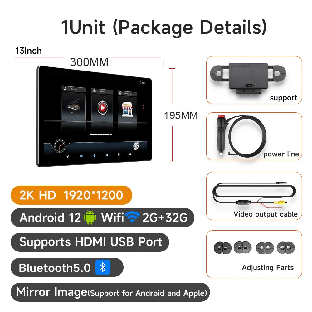 13" Headrest Monitor Android 12 Car Display IPS  2K HD For Car Rear Seat Tablet Touch Screen Video Music TV Player HDMI Input