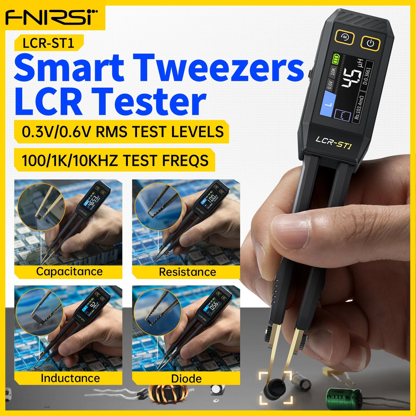 FNIRSI LCR-ST1 Mini Smart Tweezer LCR SMD ESR Tester Resistance Capacitance Inductance Continuity Diode Test Measurement Tools