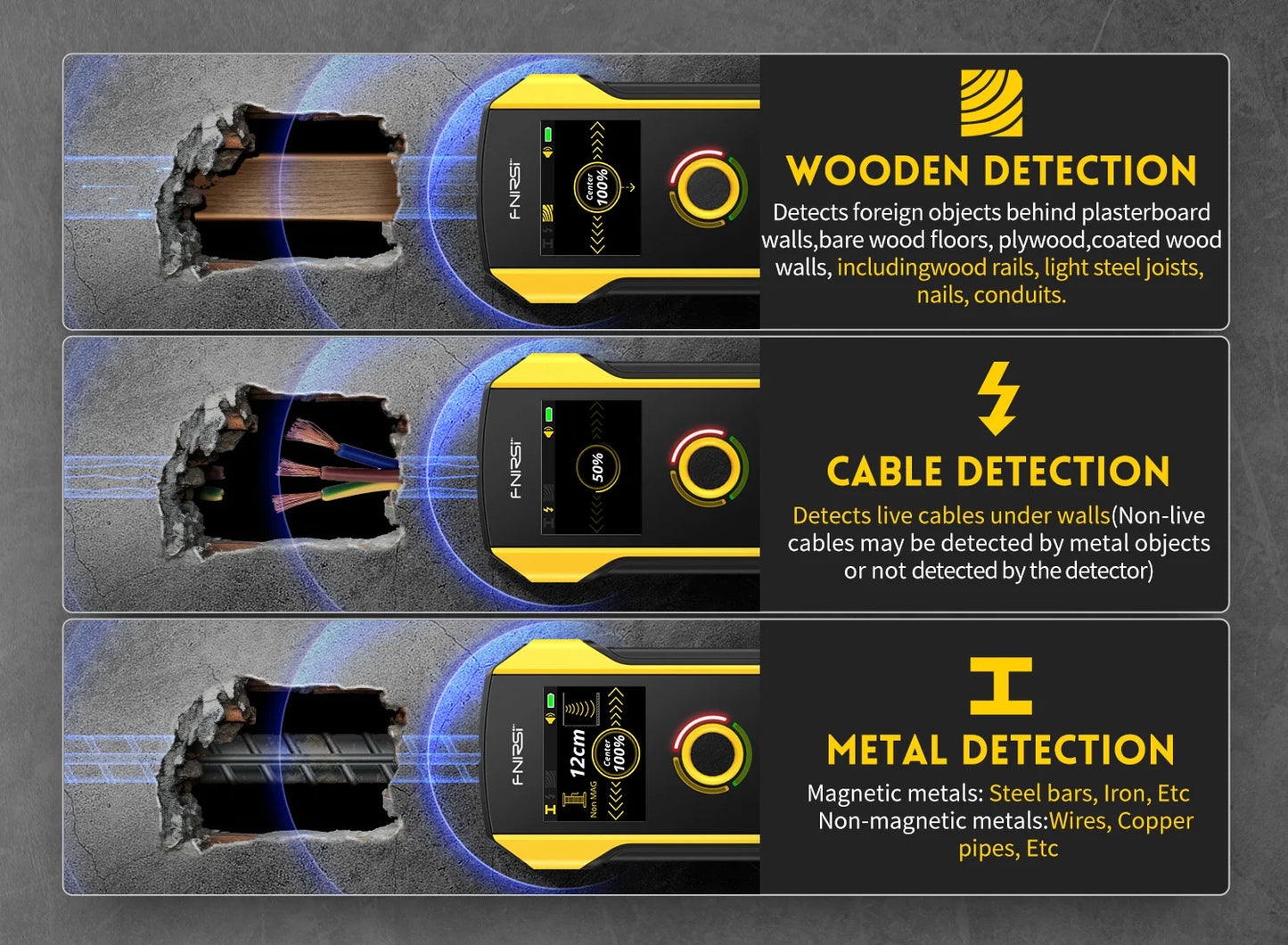 FNIRSI WD-02 Wall Detector Stud Finder New Design Positioning Hole TFT Display AC Live Cable Wires Metal Wood Stud Wall Scanner