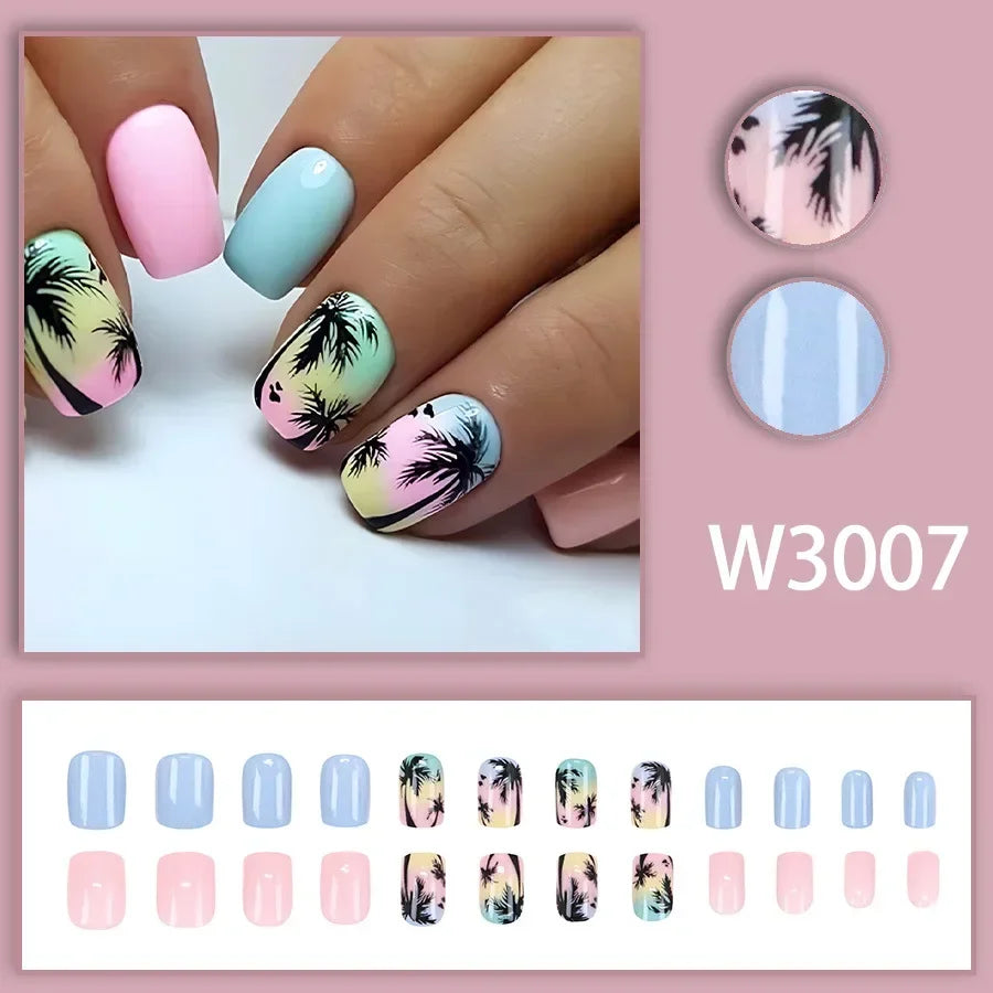 Black Ink Style Fake Nail with Jelly sticker Press on False Nails Wearable Round Head Oval Full Cover Nail Tips