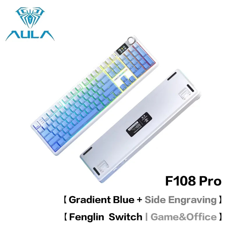 AULA F108pro Mechanical Keyboard Three-mode Bluetooth /2.4G/ Wired Customized Full-key Hot-swapable Gasket Structure RGB Light e
