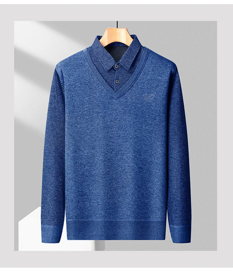 Male Fleece Polo Shirt Men's Pullover Autumn Winter T-shirt Collar Sweaters Cold Blouse Navy Blue Khaki Korean Clothing