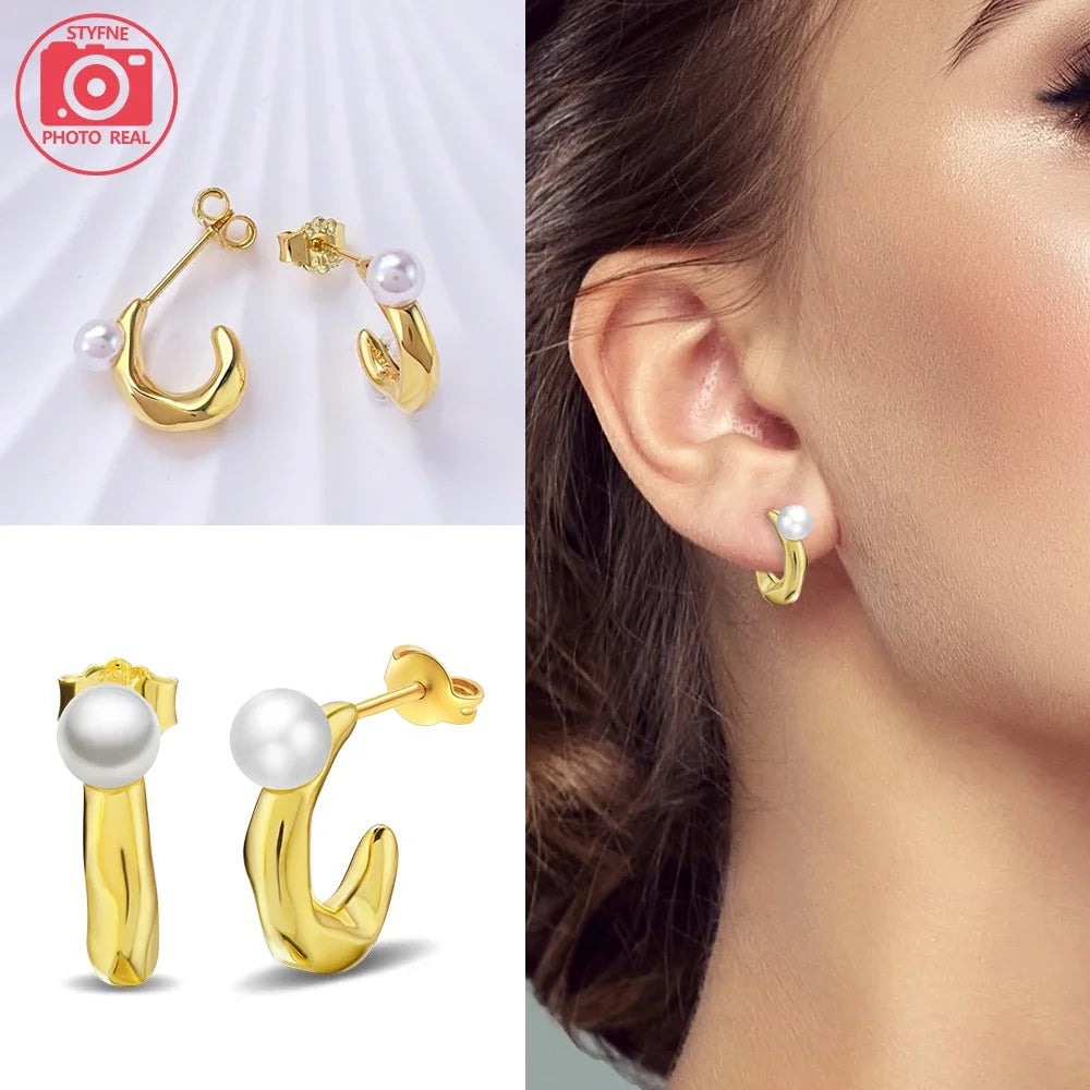 Sterling Silver S925 Pearl Gold Yellow Circular Hoop Earrings Drop Earring Original Charms Fine Jewelry for Women Elegant