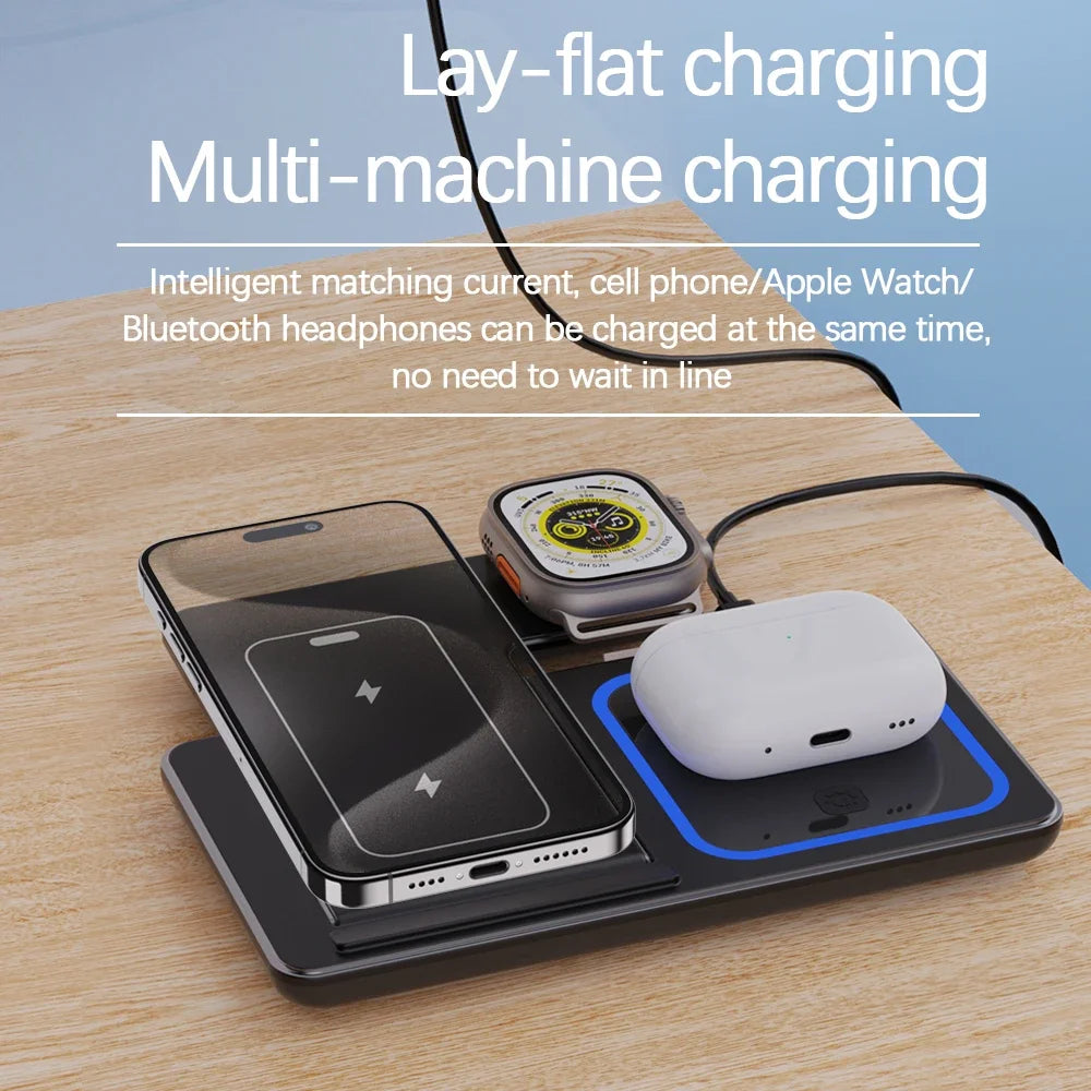 30W 3 in 1 LED Fast Wireless Charger Stand Foldable Charging Station For iPhone 15 14 13 12 11 Apple Watch 9 8 7 6 5 Airpods Pro