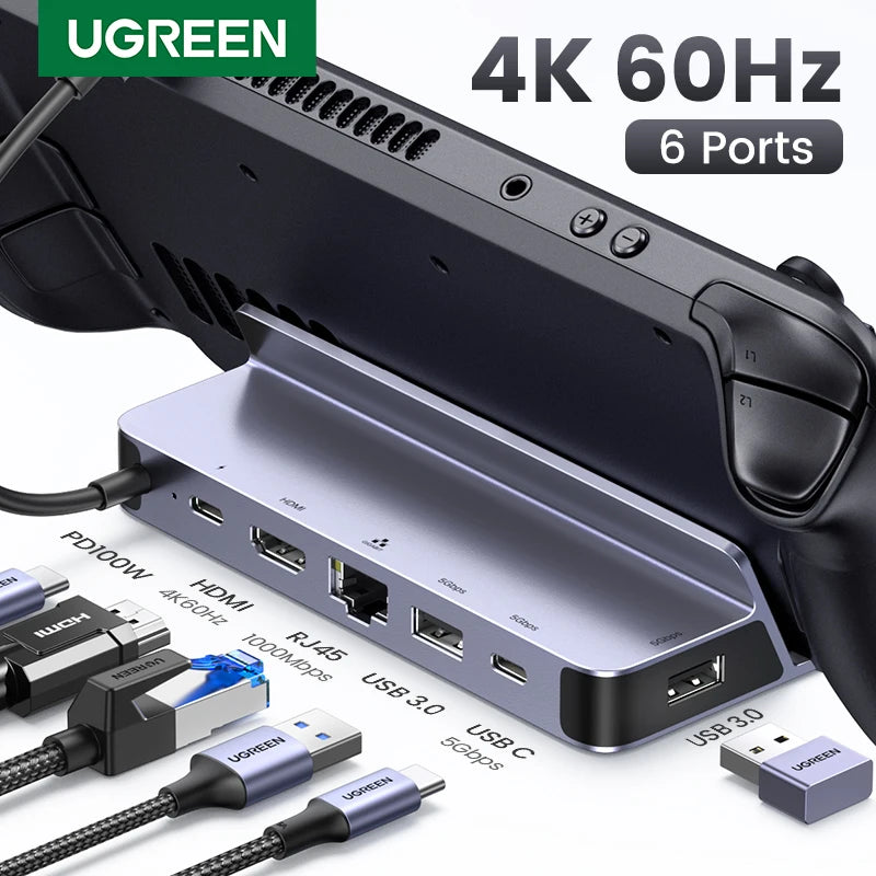 UGREEN USB C Docking Station to HDMI 4K60Hz RJ45 PD100W Dock for Steam Deck Asus ROG Ally Nintend Switch MacBook PC USB 3.0 HUB