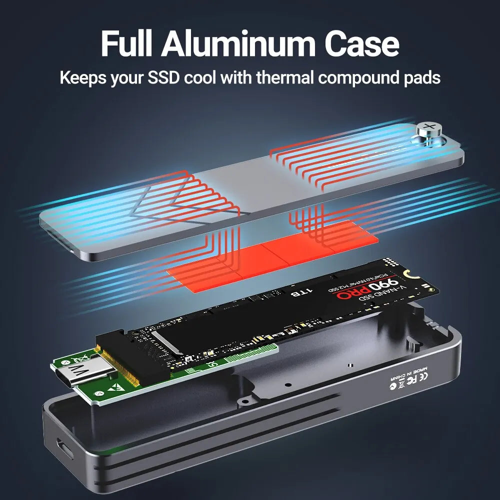 JEYI M.2 NVMe NGFF SSD Enclosure, Full Aluminum USB 3.2 Gen 2 10Gbps PCIe Or SATA 6Gbps M-Key B- Key M.2 Case Support Trim UASP