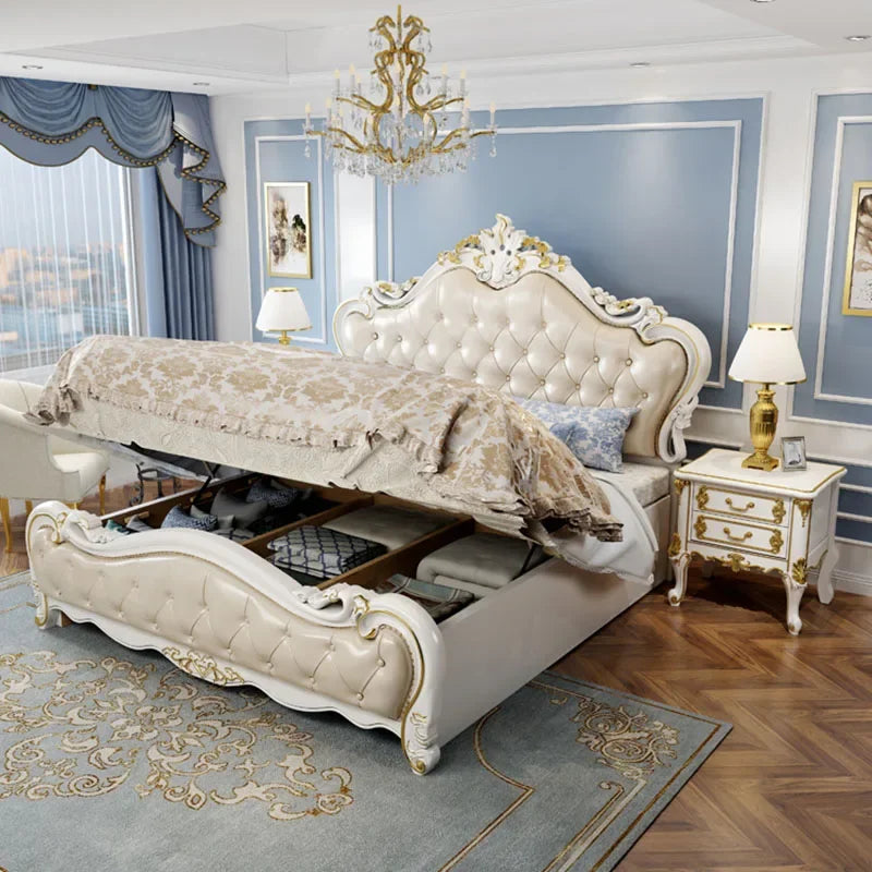 European Luxury Modern Double Bed Frame Mattress Storage Solid Wood Princess Bed Queen Size Cama Bedroom Set Furniture