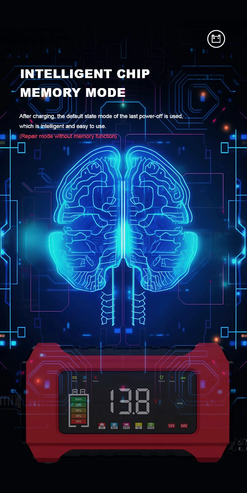 12V 6A Fully Automatic Car Battery Charger Smart Pulse Repair Color Screen for AGM GEL WET Lead Acid Charger LCD Display