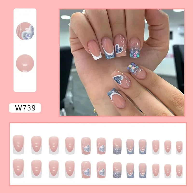 Dark Blue Cat Eyes 24 Pcs Press on Nails Pink Gradient Fake Nails Glossy Artificial Finger Manicure Reusable False Nails