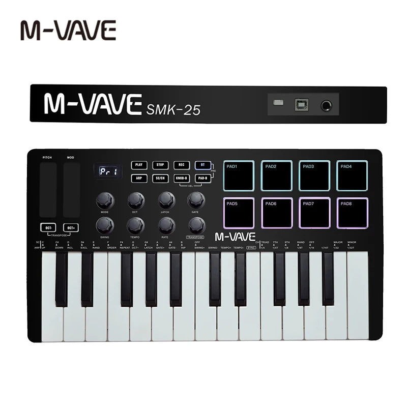 M-VAVE SMK-Ⅱ 25 Key MIDI Keyboard Controller With 16 RGB Drum Pads, Bluetooth Semi Weighted Professional dynamic keybed
