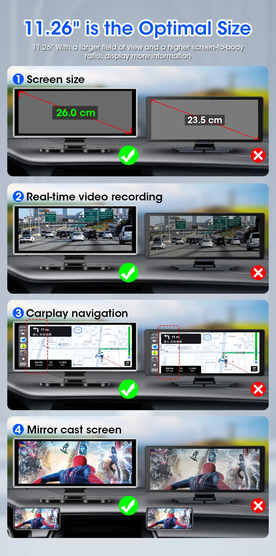 Vtopek 11.26'' Car DVR 4K Front Cam 1080P Rear Cam Touch Screen Wireless Carplay Android Auto Dual Recording Smart Car Player