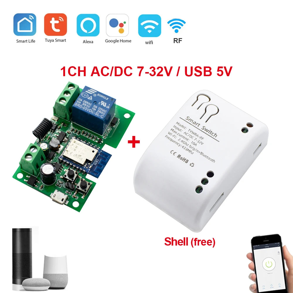 Tuya Smart 4 Channel WiFi RF Momentary Inching Relay Self-Lock Switch Module,DIY WiFi Garage Door Controller, Alexa Google Home