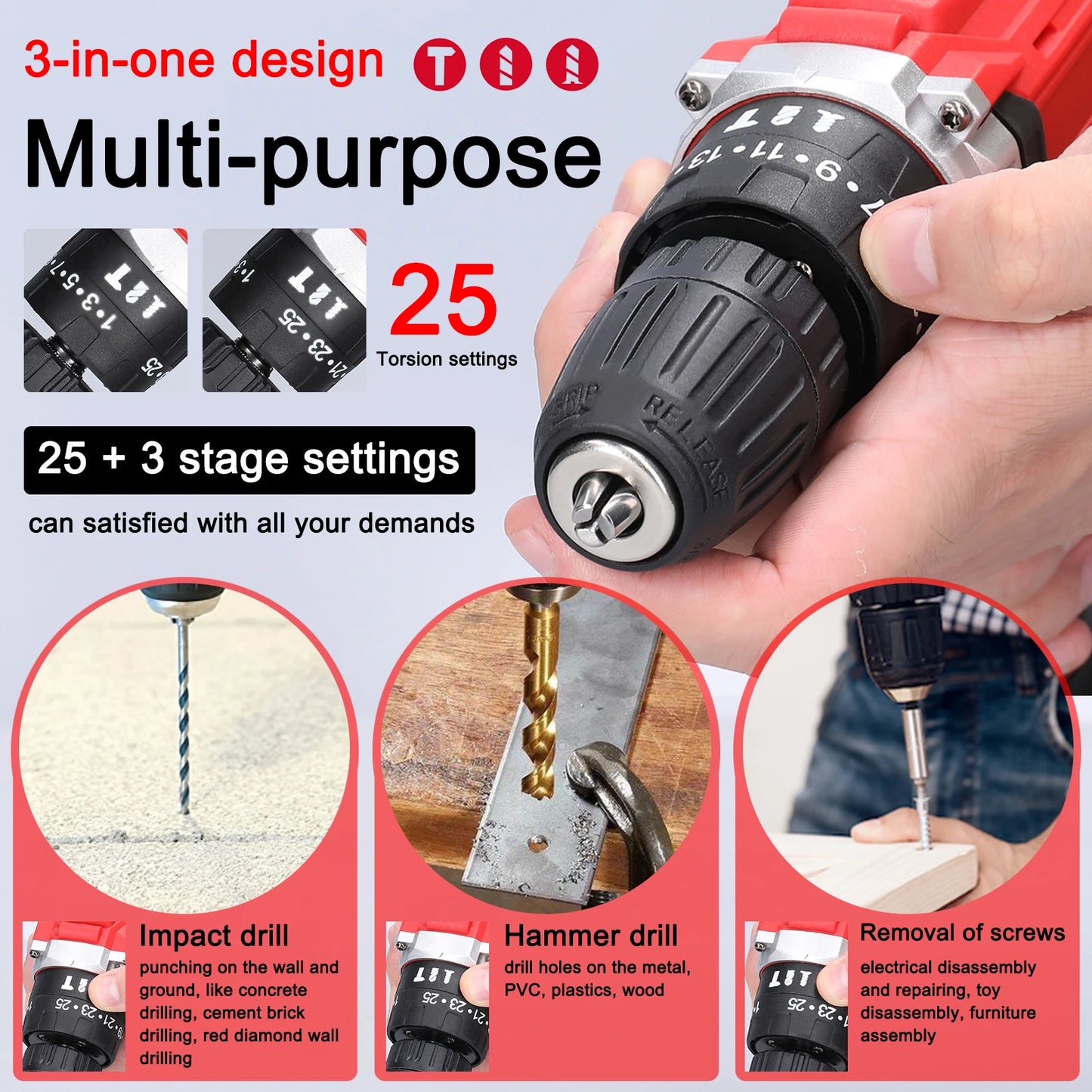 21V Electric Drill Brush Motor 2 Speed Control Stepless Speed Regulation Rotation Ways 25 Gears Torques Adjustable Lithium Drill