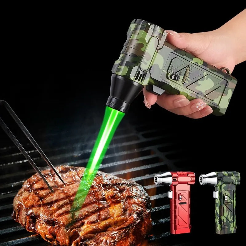 Outdoor Multifunctional Green Flame Butane Torch Lighter Three in One Whistle Lifesaving Whistle and Compass Welding Gun Lighter