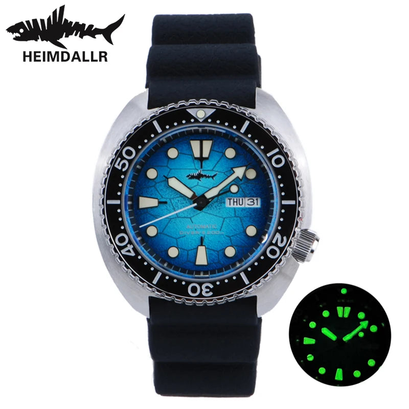 HEIMDALLR Turtle King Mens Diver Mechanica Watch Sapphire 200m Water Resistant  316L Steel C3 BGW9 Luminous NH36 Automatic Watch