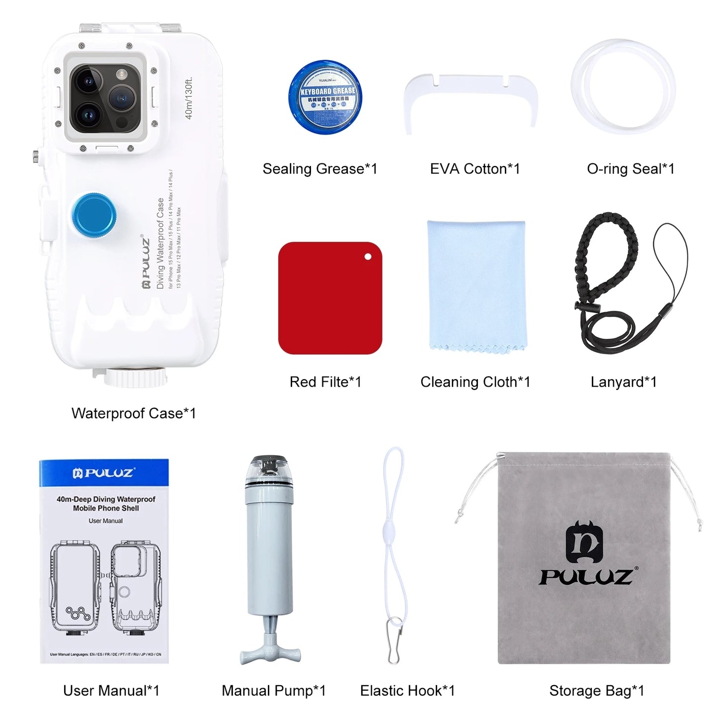 PULUZ 40m/130ft Waterproof Diving Case for iPhone 15 14 13 12 11 Pro Max Plus with One-way Valve Underwater Video Housing Cover