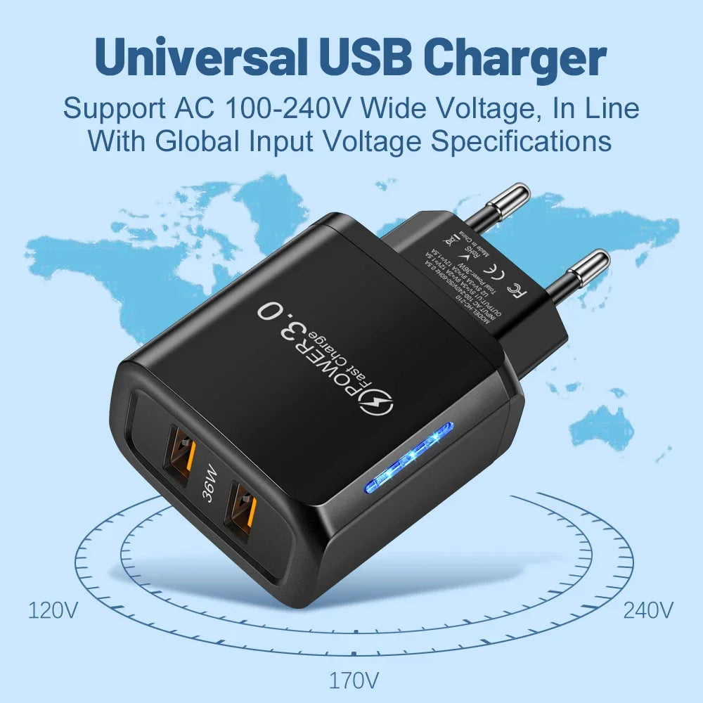 36W USB Mobile Phone Charger Quick Charge 3.0 Fast Charging Adapter For iPhone 16 15 pro Max Xiaomi 14 Samsung Huawei Chargers