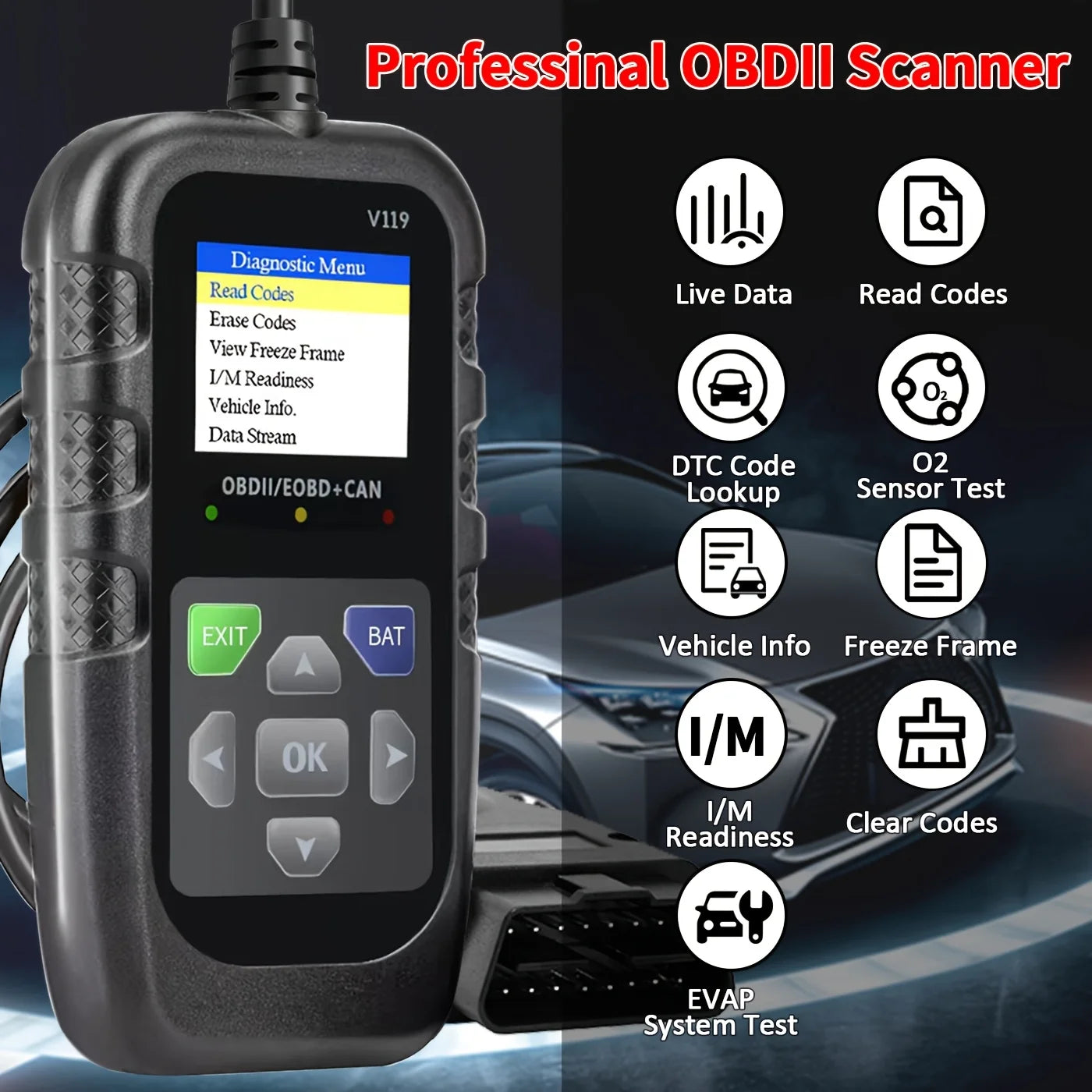 Car Obd2 Scanner Diagnostic Tool, Car Voltage Tester Engine Fault Code Reader, Ebd+Can Charging Tester Diagnostic Tool, Suitable for Obdii Protocol, Practical Tool for Automobile Inspection