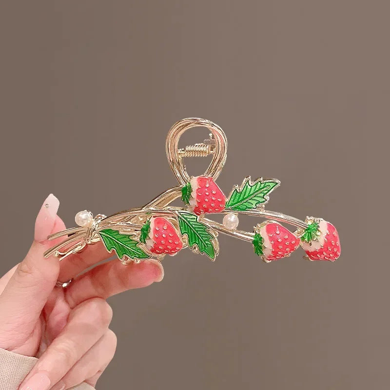 Strawberry Hair Claw Clips Cute Metal Hair Clip Strong Non Slip Hold Hair Jaw Clips Pink Acetate Claws Clips Accessories