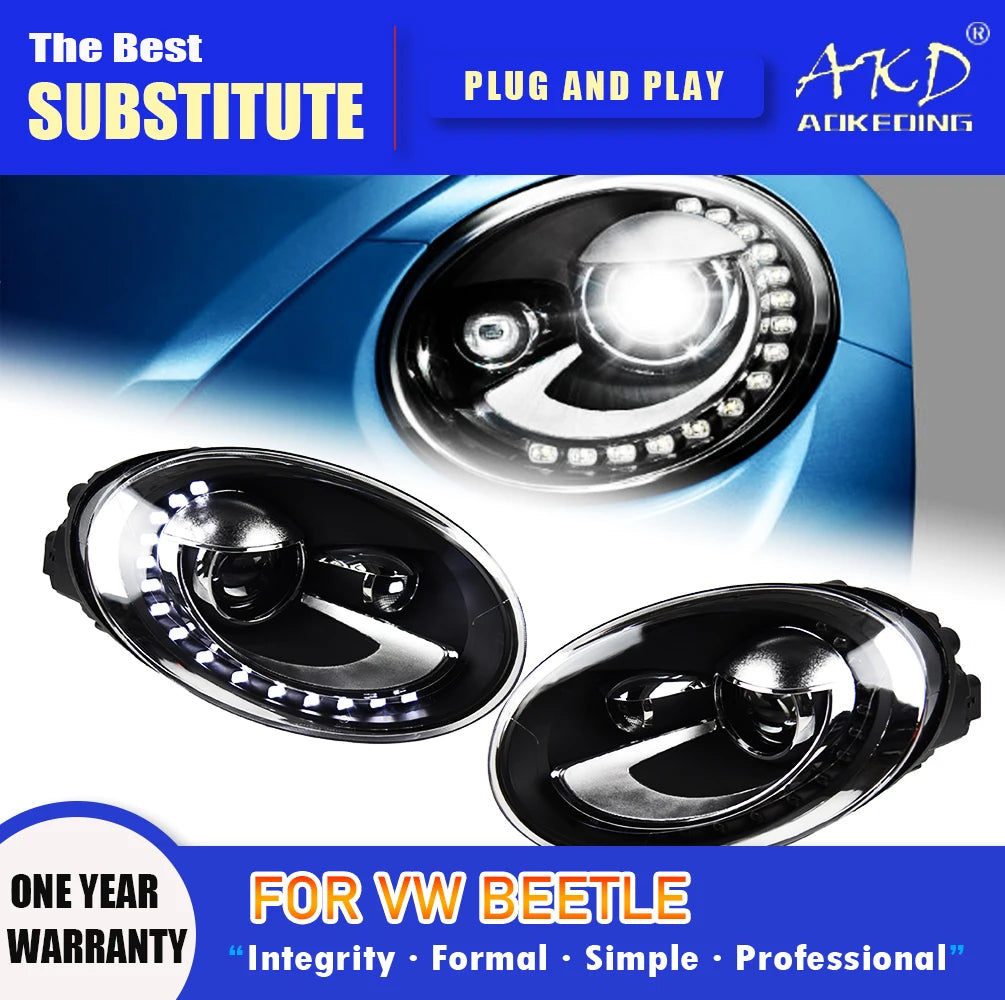 AKD Head Lamp for VW Beetle LED Headlight 1998-2021 Headlights Beetle DRL Turn Signal High Beam Angel Eye Projector Lens