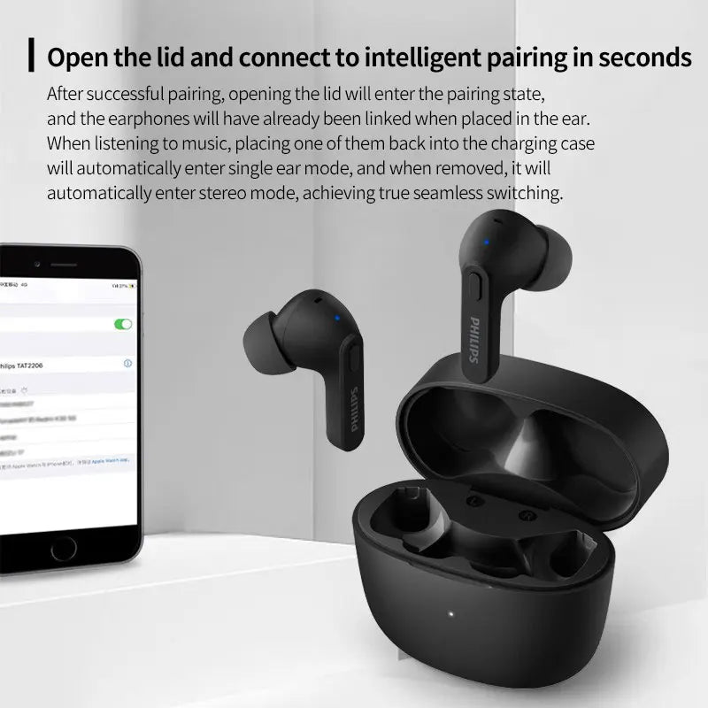 PHILIPS TAT2206 TWS Wireless Bluetooth Earphones Waterproof IPX4 SBC Sports Headset 500mAh Low Latency Gaming Headphone with Mic