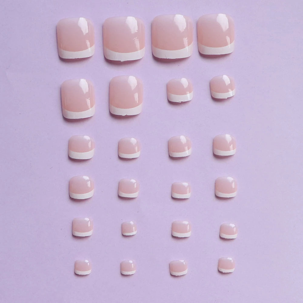 24PCS Short Square Pink Toe Nails Fake Toe Nails Press On Toe Nails French Fake Toe Nails With White Edge Nails